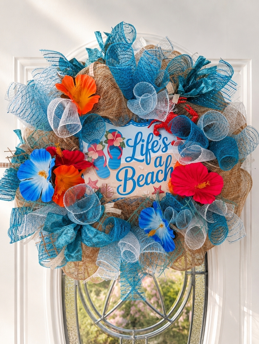 Life's a Beach Tropical Door Wreath with Blue and Tan Mesh